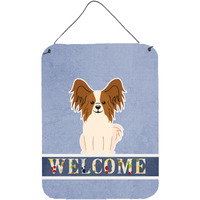 "Caroline's Treasures Papillon Red White Welcome Metal Print, 16 x 12, Multicolor"