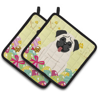 "Caroline's Treasures Easter Eggs Pug Cream Pair of Pot Holders, 7.5HX7.5W, Multicolor"