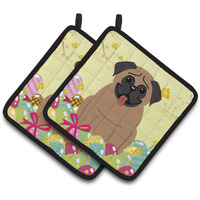"Caroline's Treasures BB6005PTHD Easter Eggs Pug Brown Pair of Pot Holders, 7.5"" x 7.5"", Multicolor"