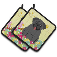 "Caroline's Treasures Easter Eggs Pug black Pair of Pot Holders, 7.5HX7.5W, Multicolor"