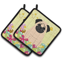 "Caroline's Treasures Easter Eggs Pug Fawn Pair of Pot Holders, 7.5HX7.5W, Multicolor"