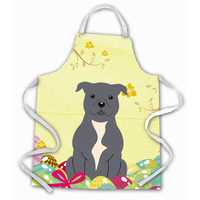 "Caroline's Treasures Easter Eggs Staffordshire Bull Terrier Blue Apron, Large, Multicolor"