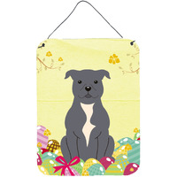 "Caroline's Treasures Eggs Easter Staffordshire Bull Terrier Blue Metal Print, 16 x 12, Multicolor"