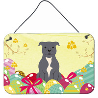"Caroline's Treasures Easter Staffordshire Bull Terrier Blue Metal Print, 8"" H x 12"" W"