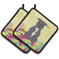 "Caroline's Treasures BB6046PTHD Easter Staffie Bull Terrier Pair of Pot Holders, 7.5"" x 7.5"", Multicolor"