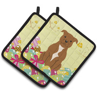 "Caroline's Treasures BB6047PTHD Easter Staffie Bull Terrier Pair of Pot Holders, 7.5"" x 7.5"", Multicolor"
