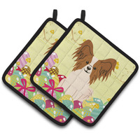 "Caroline's Treasures Easter Eggs Papillon Red White Pair of Pot Holders, 7.5HX7.5W, Multicolor"