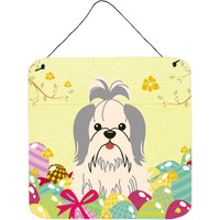 "Caroline's Treasures Easter Eggs Shih Tzu Silver White Metal Print, 6 x 6, Multicolor"