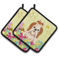 "Caroline's Treasures Easter Eggs Shih Tzu Red White Pair of Pot Holders, 7.5HX7.5W, Multicolor"
