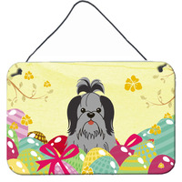 "Caroline's Treasures Easter Eggs Shih Tzu Black Silver Metal Print, 8"" H x 12"" W"
