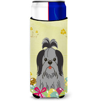 "Caroline's Treasures Easter Eggs Shih Tzu black Silver Michelob Ultra Hugger For Slim Cans, Slim Can, Multicolor"