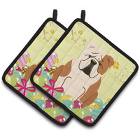 "Caroline's Treasures BB6125PTHD Easter English Bulldog Fawn Pair of Pot Holders, 7.5"" x 7.5"", Multicolor"