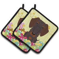 "Caroline's Treasures BB6129PTHD Easter Wire Haired Dachshund Pair of Pot Holders, 7.5"" x 7.5"", Multicolor"
