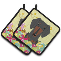 "Caroline's Treasures Easter Dachshund black Tan Pair of Pot Holders, 7.5HX7.5W, Multicolor"
