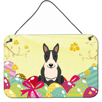 "Caroline's Treasures Easter Eggs Bull Terrier Black White Metal Print, 8"" H x 12"" W"