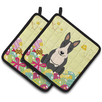 "Caroline's Treasures Easter Bull Terrier black Pair of Pot Holders, 7.5HX7.5W, Multicolor"