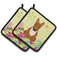 "Caroline's Treasures Easter Eggs Bull Terrier Red Pair of Pot Holders, 7.5HX7.5W, Multicolor"