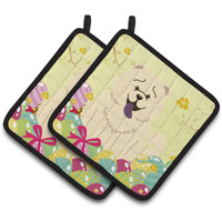 "Caroline's Treasures Easter Eggs Chow White Pair of Pot Holders, 7.5HX7.5W, Multicolor"