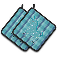 "Caroline's Treasures Unicorn in Plaid Pair of Pot Holders, 7.5 x 7.5, Multicolor"