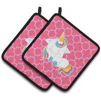 "Caroline's Treasures BB6811PTHD Quatrafoil Pink Unicorn Pair of Pot Holders, 7.5 x 7.5"", Multicolor"