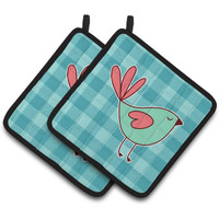 "Caroline's Treasures BB6831PTHD Bird on Blue Plaid Pair of Pot Holders, 7.5 x 7.5"", Multicolor"