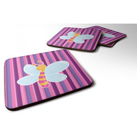 "Caroline's Treasures Dragonfly In Pink Stripes Foam Coaster Set of 4, 3.5, Multicolor"