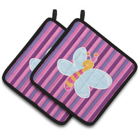 "Caroline's Treasures Dragonfly in Pink Stripes Pair of Pot Holders, 7.5 x 7.5, Multicolor"