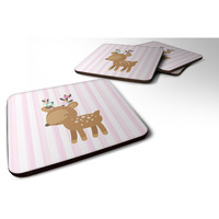 "Caroline's Treasures Deer In Pink Stripes Foam Coaster Set of 4, 3.5, Multicolor"
