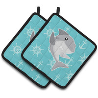 "Caroline's Treasures BB6940PTHD Shark on Blue Nautical Pair of Pot Holders, 7.5 x 7.5"", Multicolor"