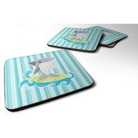 "Caroline's Treasures Surfin Shark on Stripes Foam Coaster Set of 4, 3.5, Multicolor"