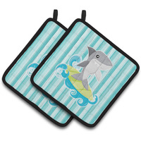 "Caroline's Treasures BB6942PTHD Surfin Shark on Stripes Pair of Pot Holders, 7.5 x 7.5"", Multicolor"
