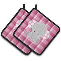"Caroline's Treasures BB6952PTHD Elephant Pink Gingham Pair of Pot Holders, 7.5 x 7.5"", Multicolor"