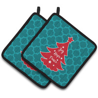 "Caroline's Treasures BB6970PTHD Christmas Tree Teal Red Pair of Pot Holders, 7.5 x 7.5"", Multicolor"