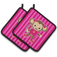 "Caroline's Treasures BB7020PTHD Monkey on Pink Stripes Pair of Pot Holders, 7.5 x 7.5"", Multicolor"