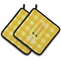 "Caroline's Treasures Ice Pop Popcicle Face Gingham Yellow Pair of Pot Holders, 7.5 x 7.5, Multicolor"