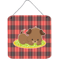 "Caroline's Treasures Puppy on Black Red Gingham Metal Print, 6"" x 6"", Multicolor"