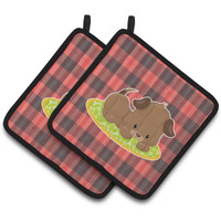 "Caroline's Treasures BB7072PTHD Puppy on Black Red Gingham Pair of Pot Holders, 7.5 x 7.5"", Multicolor"