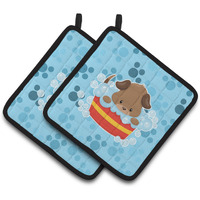 "Caroline's Treasures BB7077PTHD Puppy taking a bath Pair of Pot Holders, 7.5 x 7.5"", Multicolor"