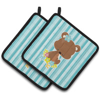 "Caroline's Treasures BB7096PTHD Bear with Flowers Pair of Pot Holders, 7.5 x 7.5"", Multicolor"