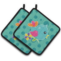 "Caroline's Treasures BB7100PTHD Bird on Teal Polkadots Pair of Pot Holders, 7.5 x 7.5"", Multicolor"