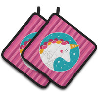 "Caroline's Treasures BB7139PTHD Unicorn Pink Stripes Pair of Pot Holders, 7.5 x 7.5"", Multicolor"