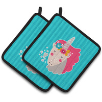 "Caroline's Treasures BB7140PTHD Unicorn Blue Stripes Pair of Pot Holders, 7.5 x 7.5"", Multicolor"