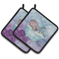 "Caroline's Treasures Elephant Bathing Watercolor Decorated pot holder, 7.5""H x 7.5""W, Multicolor"