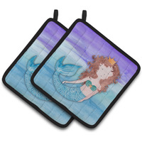 "Caroline's Treasures Brunette Mermaid Watercolor Decorated pot holder, 7.5"" x 7.5"", Multicolor"