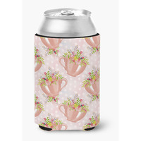 "Caroline's Treasures Tea Cup and Flowers Pink Decorative Can Hugger, Multicolor"