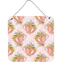"Caroline's Treasures Tea Cup and Flowers Pink Metal Print, 6"" H x 6"" W, Multicolor"