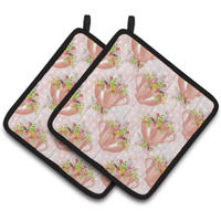 "Caroline's Treasures Tea Cup and Flowers Pink Decorated Pot Holder, 7.5"" x 7.5"", Multicolor"