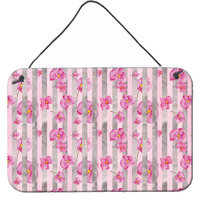 "Caroline's Treasures Watercolor Pink Flowers Grey Stripes Metal Print, 8"" H x 12"" W, Multicolor"