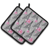 "Caroline's Treasures Watercolor Pink Flowers Eiffel Tower Decorated Pot Holder, 7.5"" x 7.5"", Multicolor"