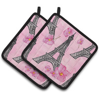 "Caroline's Treasures Watercolor Pink Flowers and Eiffel Tower Decorated Pot Holder, 7.5"" x 7.5"", Multicolor"